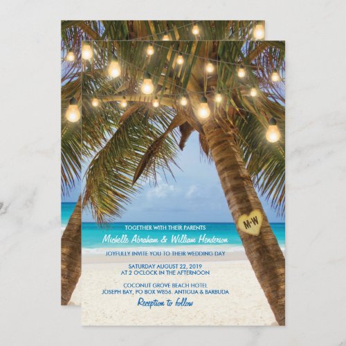 Tropical Beach and String Lights Wedding Invitation
