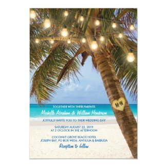 Tropical Beach and String Lights Wedding Invitation
