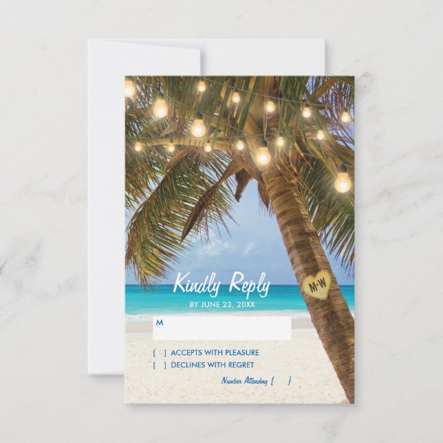 Tropical Beach and String Lights Wedding RSVP Card (Front)