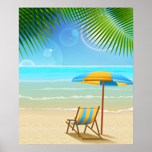 Tropical Beach and Umbrella Poster