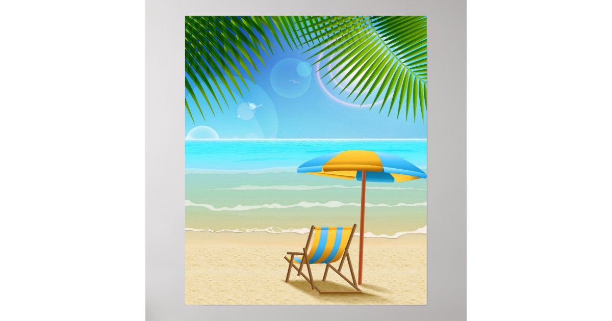 Tropical Beach and Umbrella Poster Zazzle