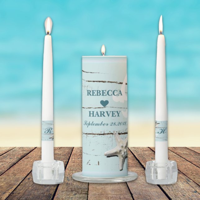 tropical beach aqua blue seashell starfish wedding unity candle set (tropical beach aqua blue seashell starfish wedding unity candle set)