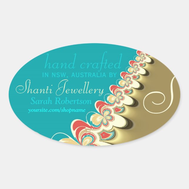 Tropical Beach Aqua + Gold Label Oval Sticker (Front)