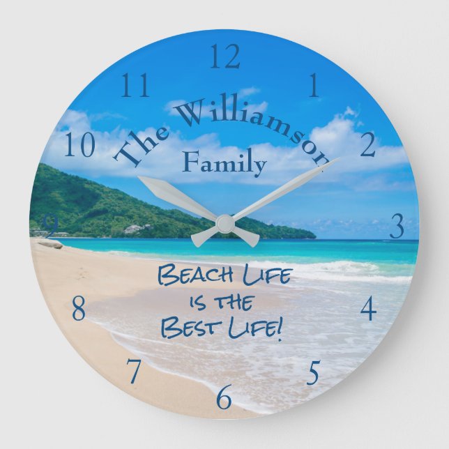 Tropical Beach Aqua Ocean White Sand Waves Large Clock (Front)