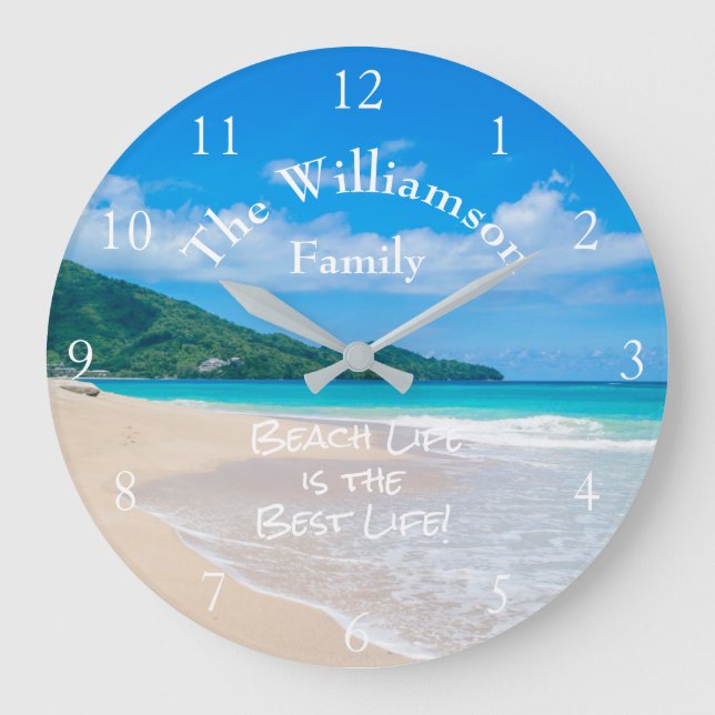 Tropical Beach Aqua Ocean White Sand Waves Large Clock (Front)