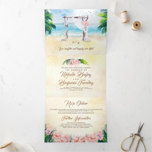 Tropical Beach Arbor Romantic Wedding Tri_Fold Card