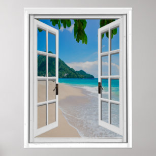 Tropical Beach Artificial Window View Poster