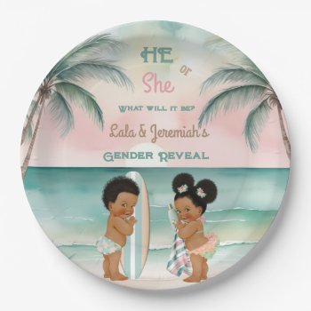 Tropical Beach Baby Gender Reveal Blush Sage Paper Plates by nawnibelles at Zazzle