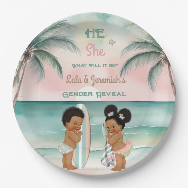 Tropical Beach Baby Gender Reveal Blush Sage Paper Plates (Front)