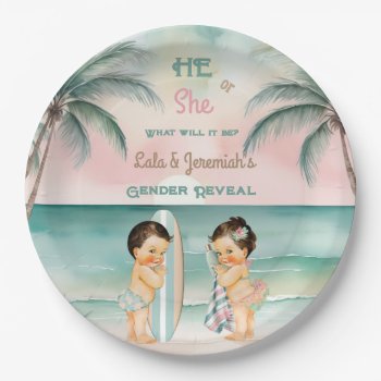Tropical Beach Baby Gender Reveal Blush Sage Paper Plates by nawnibelles at Zazzle