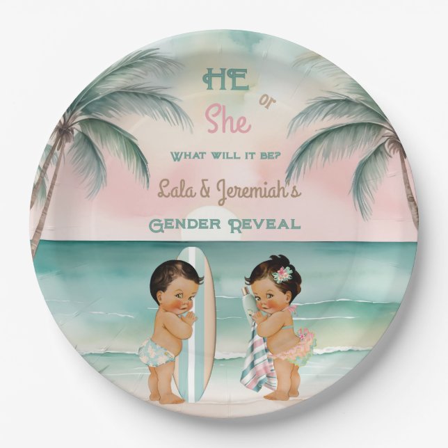 Tropical Beach Baby Gender Reveal Blush Sage Paper Plates (Front)