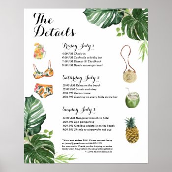 Tropical Beach Bachelorette Weekend Itinerary  Poster by partypapercreations at Zazzle