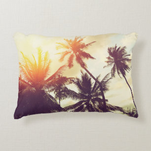 Tropical beach background with palm trees silhouet accent pillow