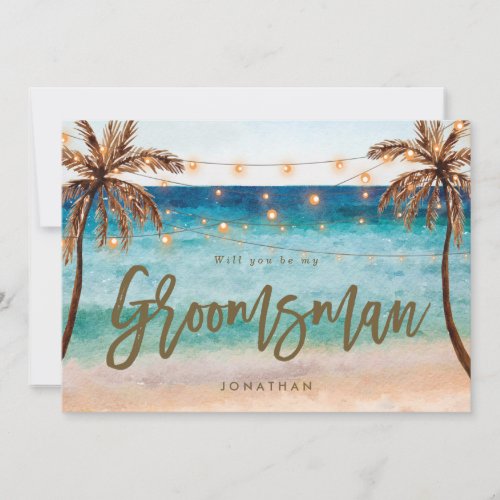 tropical beach be my groomsman proposal card