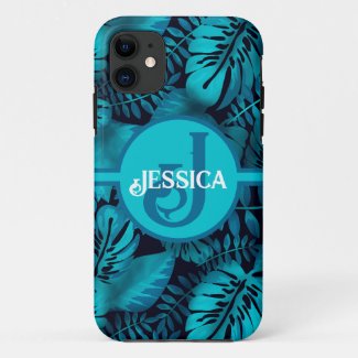 Tropical Beach Black and Blue Palm Leaves Monogram