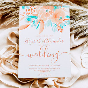 Tropical beach blue coral floral chic wedding invitation