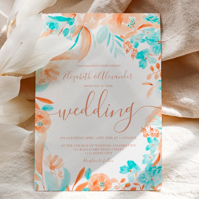 Tropical beach blue coral floral chic wedding invitation (Tropical beach blue coral floral chic wedding invitation)