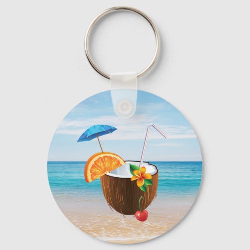 Tropical BeachBlue SkyOcean SandCoconut Coctail Keychain