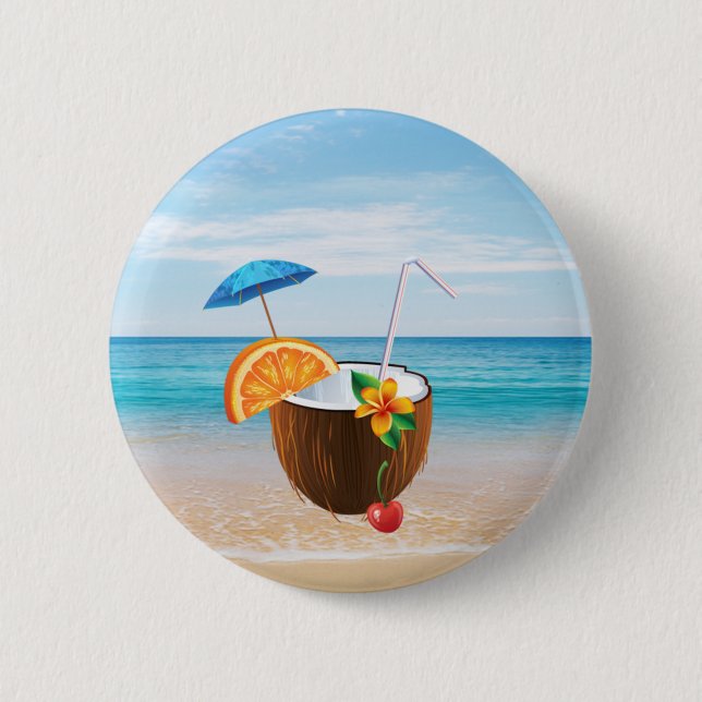 Tropical Beach,Blue Sky,Ocean Sand,Coconut Coctail Pinback Button (Front)