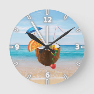 Tropical Beach,Blue Sky,Ocean Sand,Coconut Coctail Round Clock