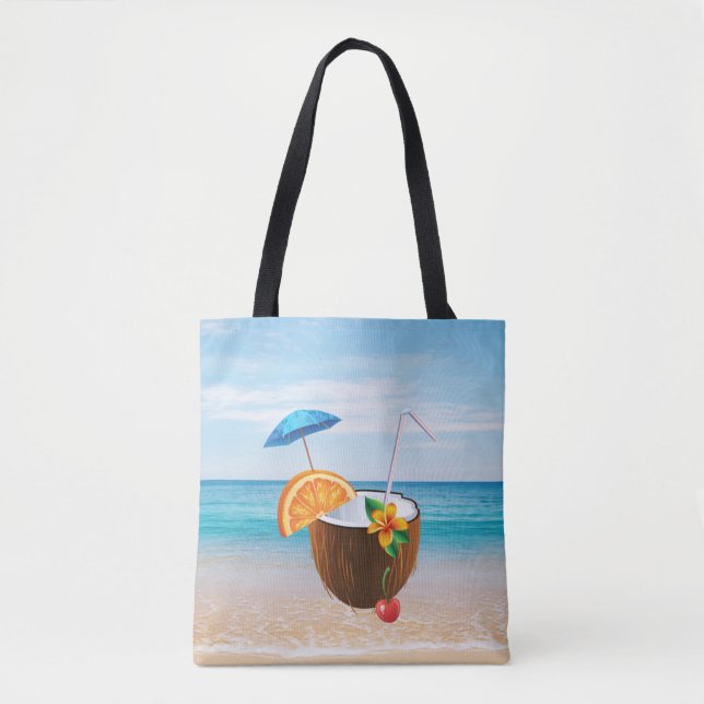 Tropical Beach,Blue Sky,Ocean Sand,Coconut Coctail Tote Bag (Front)