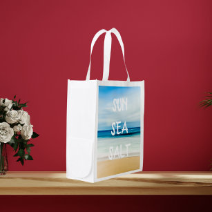 Tropical beach blue sky text grocery bag