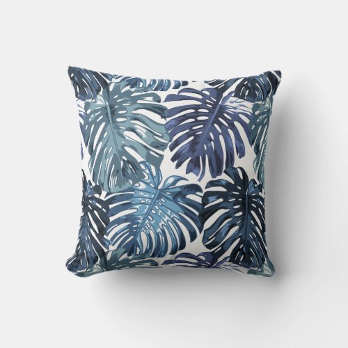 Tropical Beach Blue White Palm Leaves Throw Pillow