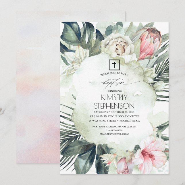 Tropical Beach Blush Pink Flowers Baptism Invitation (Front/Back)