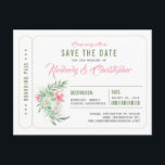 Tropical Beach Boarding Pass Ticket Save the Date Announcement Postcard<br><div class="desc">Boarding pass style destination wedding save the date tickets - "come away with us" with the tropical flowers design</div>
