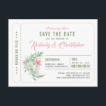 Tropical Beach Boarding Pass Ticket Save the Date Announcement Postcard<br><div class="desc">Boarding pass style destination wedding save the date tickets - "come away with us" with the tropical flowers design</div>