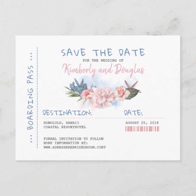 Tropical Beach Boarding Pass Ticket Save the Date Announcement Postcard (Front)