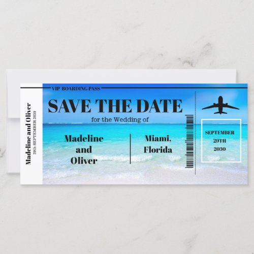 Tropical Beach Boarding Pass Wedding Save The Date