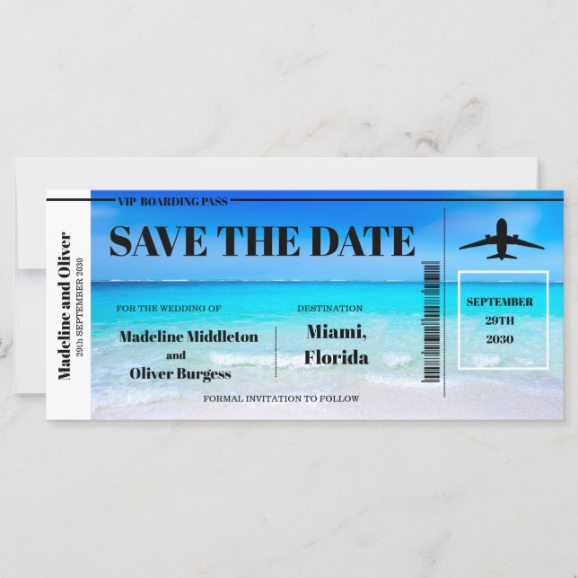 Tropical Beach Boarding Pass Wedding Save The Date (Front)