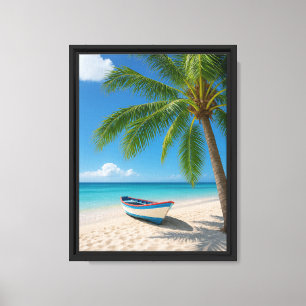 Tropical Beach Boat and Palm Tree Canvas Print