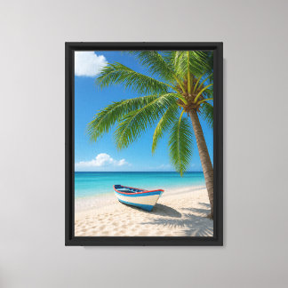Tropical Beach Boat and Palm Tree Canvas Print