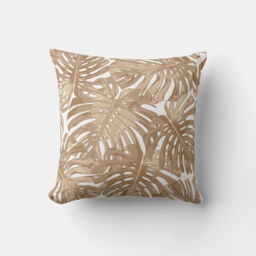 Tropical Beach Boho Brown White Palm Leaves Throw Pillow