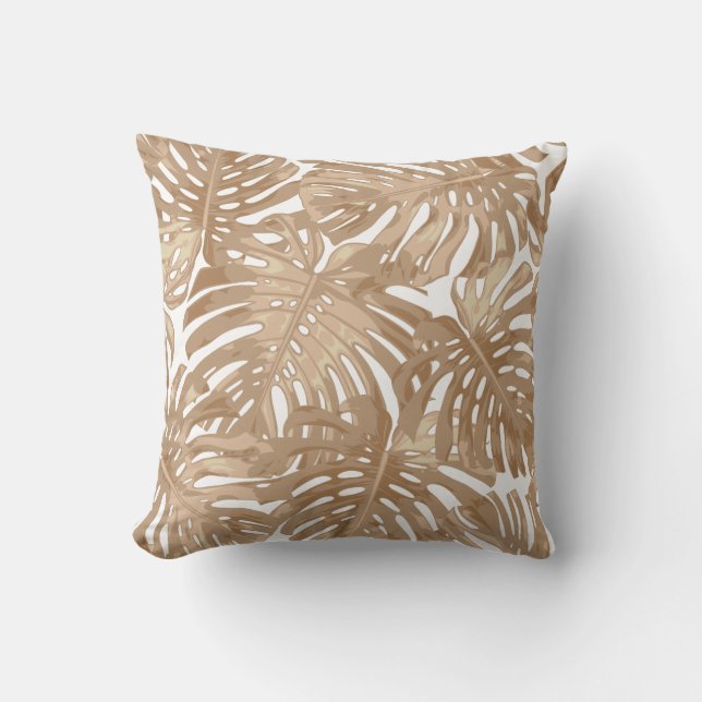 Tropical Beach Boho Brown White Palm Leaves Throw Pillow (Front)
