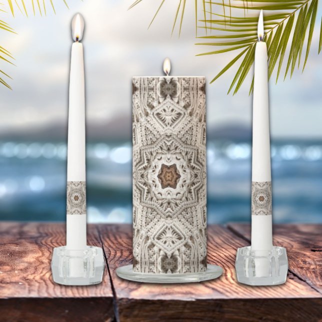 tropical beach boho chic tribal macrame crochet unity candle set (tropical beach boho chic tribal macrame crochet unity candle set)