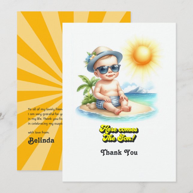 Tropical Beach Boy Here Comes the Son Baby Shower Thank You Card (Front/Back)
