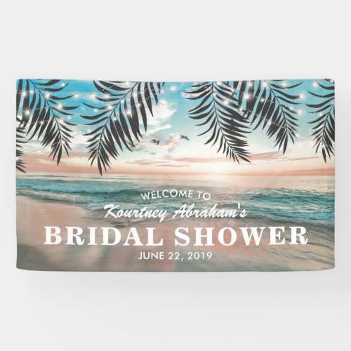 Tropical Beach Bridal Shower | String of Lights Banner - Beach destination bridal shower banner featuring a tropical palm beach setting, string twinkle lights, and a bridal party text template. Click on the “Customize it” button for further personalization of this template. You will be able to modify all text, including the style, colors, and sizes. You will find matching items further down the page, if however you can't find what you looking for please contact me.