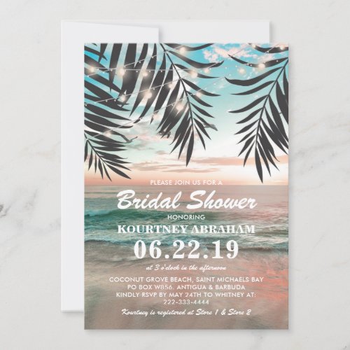 Tropical Beach Bridal Shower | String of Lights Invitation - Beach destination bridal shower invitations featuring a tropical palm beach setting, string twinkle lights, and a modern bridal template.
Click on the “personalize” button for further customization of this template. You will be able to modify all text, including the style, colors, and sizes.
You will find matching items further down the page, if however you can't find what you looking for please contact me.