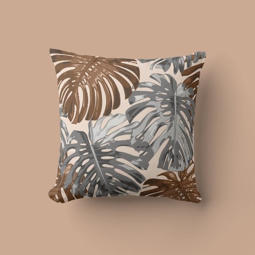 Tropical Beach Brown Gray Jungle Leaves Boho Throw Pillow