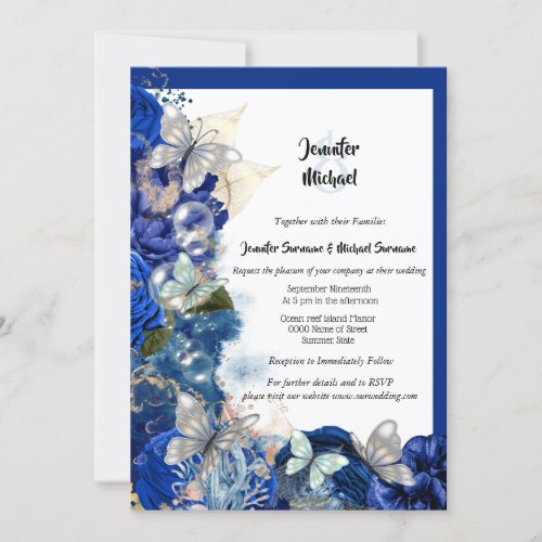 Tropical beach butterfly blue orange wedding  invitation