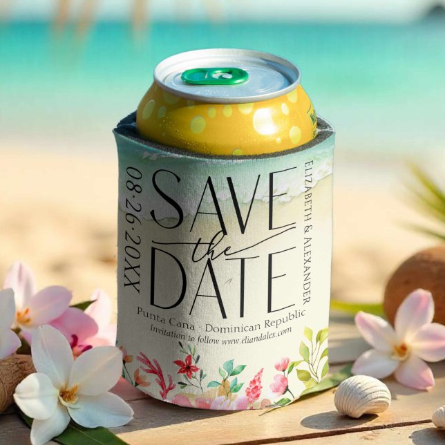 Tropical Beach Calligraphy Wedding Save The Date Can Cooler (Creator Uploaded)
