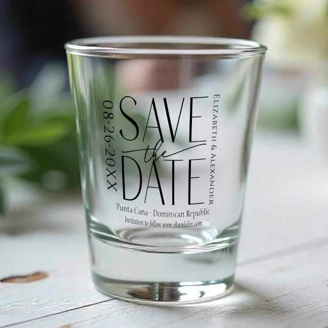 Tropical Beach Calligraphy Wedding Save The Date Shot Glass (Creator Uploaded)