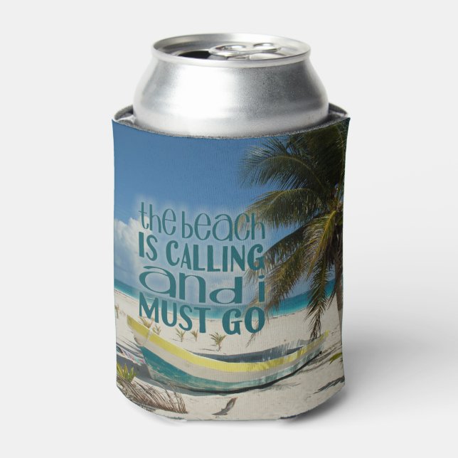 Tropical Beach Can Cooler Palm Tree Boats Travel (Can Front)