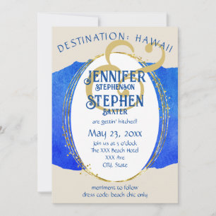 Tropical Beach Chic Blue Gold Destination Wedding Invitation