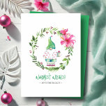 Tropical Beach Christmas Cards Watercolor<br><div class="desc">These cute beach Christmas cards feature my original hand-painted watercolor Christmas elf, dressed in a pink flamingo shirt and long hat, surrounded by a farmhouse-style wreath of greenery and red berries on a crisp white background. The words "Warmest Wishes" are displayed in modern hand-lettered script. Perfect for a tropical Florida...</div>