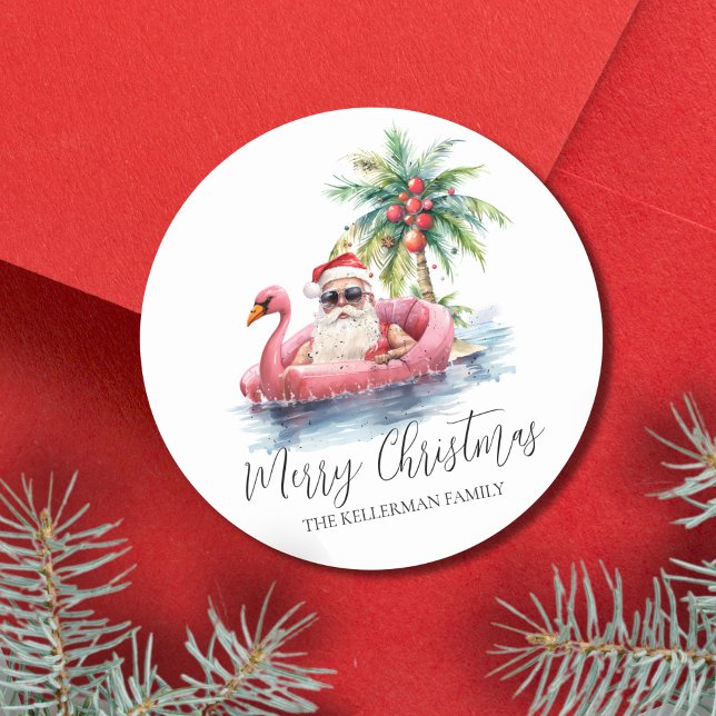 Tropical Beach Christmas Classic Round Sticker (Santa Claus Tropical Beach Christmas Classic Round Sticker)