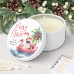 Tropical Beach Christmas Mini Candle Favors<br><div class="desc">Celebrate the season with this festive and playful mini candle featuring a fun tropical Christmas design printed on the lid. The artwork shows a laid-back Santa Claus in sunglasses lounging in a pink flamingo floaty, surrounded by ocean waves—bringing a cheerful beach vibe to your holiday gift giving. "Merry Christmas" is...</div>